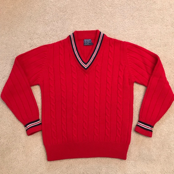 Knitted Sweater Red V Neck Sweater Mens Vintage Gant The Rugger